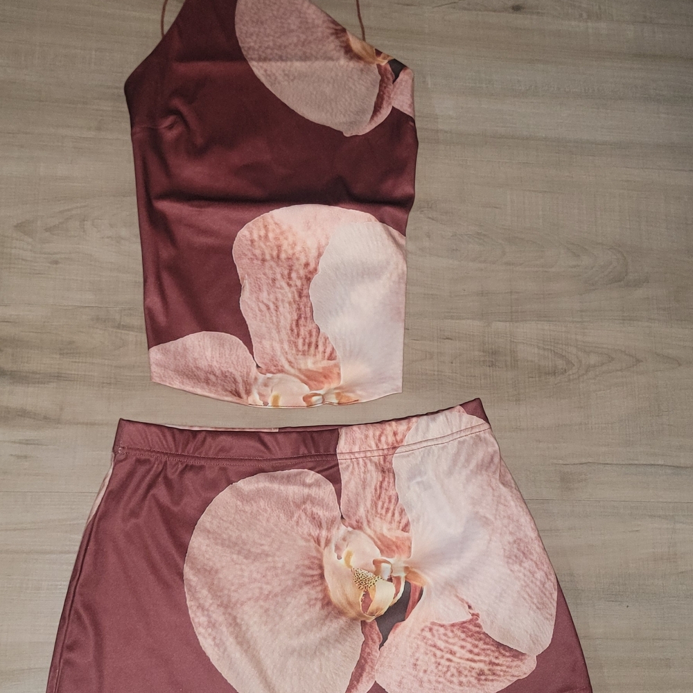 Floral Orchid Print Two-Piece Set in Mauve Pink